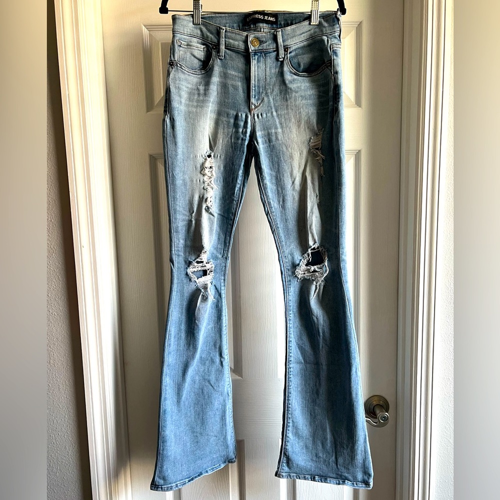 EXPRESS Slim Flare Mid Rise Distressed Jeans